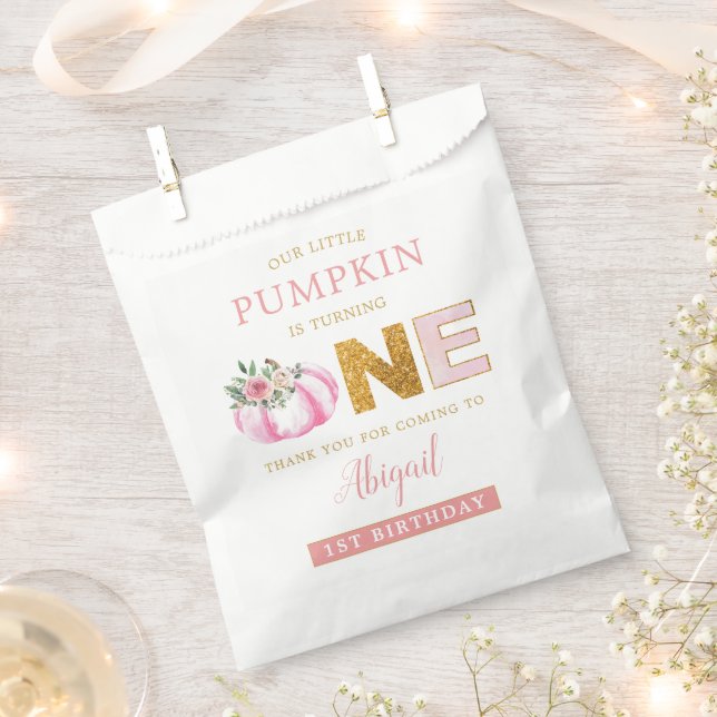 Our Little Pumpkin Pink Floral Girl 1st Birthday Favour Bags (Clipped)
