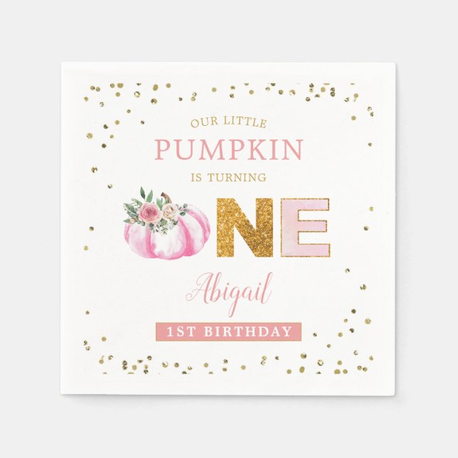 Our Little Pumpkin Pink Gold Floral First Birthday Napkin (Front)