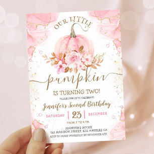 Our Little Pumpkin   Pink Gold Girl 2nd Birthday Invitation