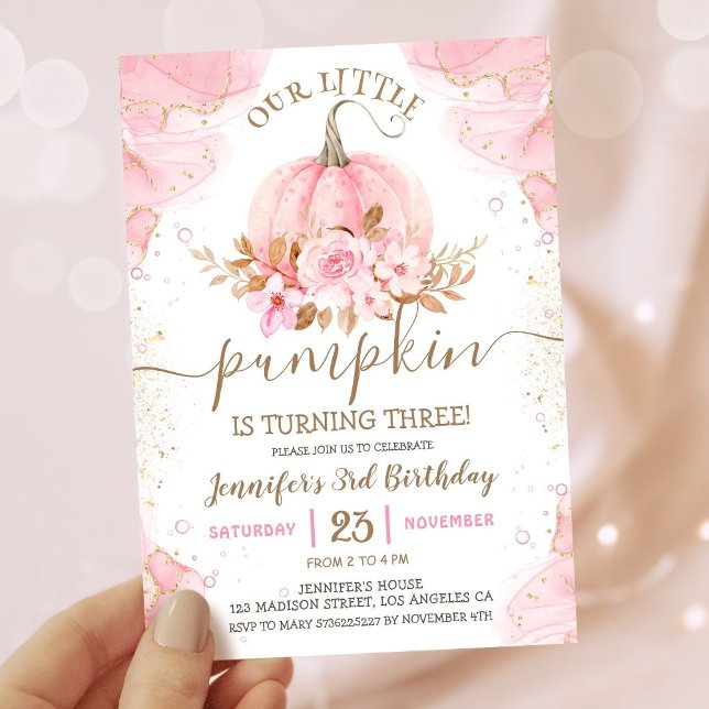 Our Little Pumpkin | Pink Gold Girl 3rd Birthday  Invitation (Creator Uploaded)