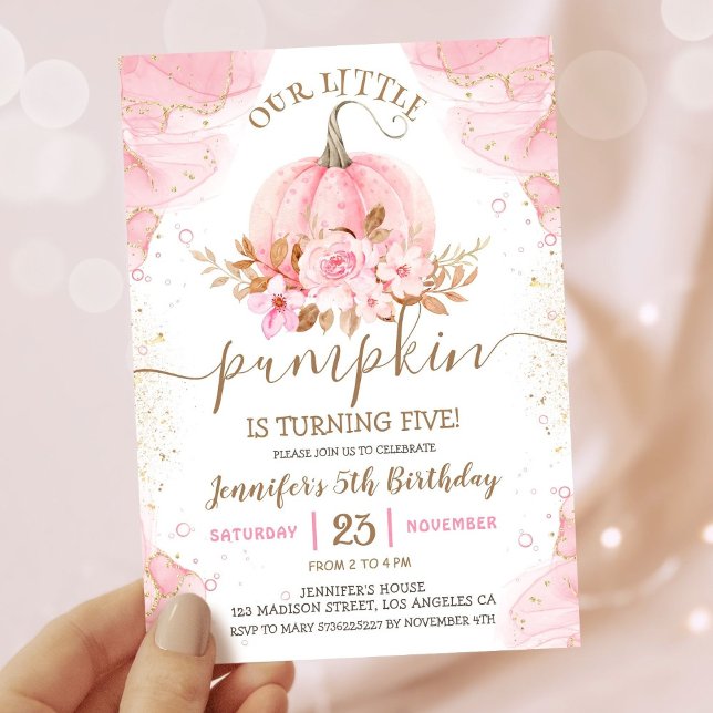 Our Little Pumpkin | Pink Gold Girl 5th Birthday  Invitation (Creator Uploaded)