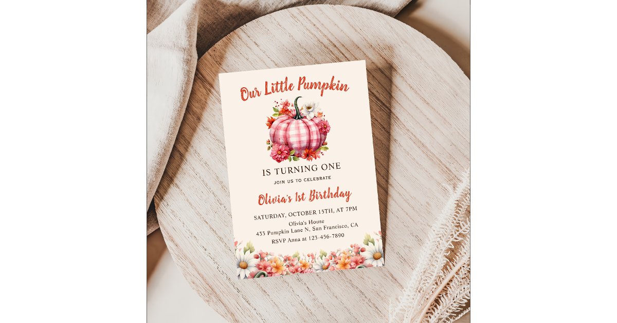 Our Little Pumpkin Pink Plaid Floral Birthday Invitation | Zazzle