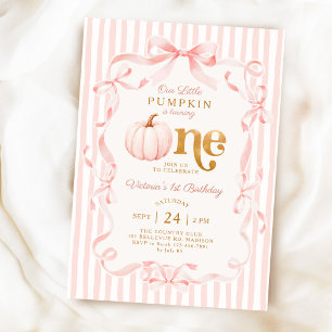 Our Little Pumpkin Pink Ribbon Bow 1st Birthday Invitation