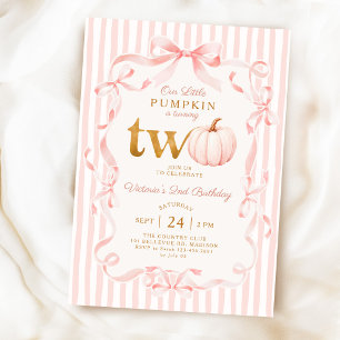 Our Little Pumpkin Pink Ribbon Bows 2nd Birthday Invitation