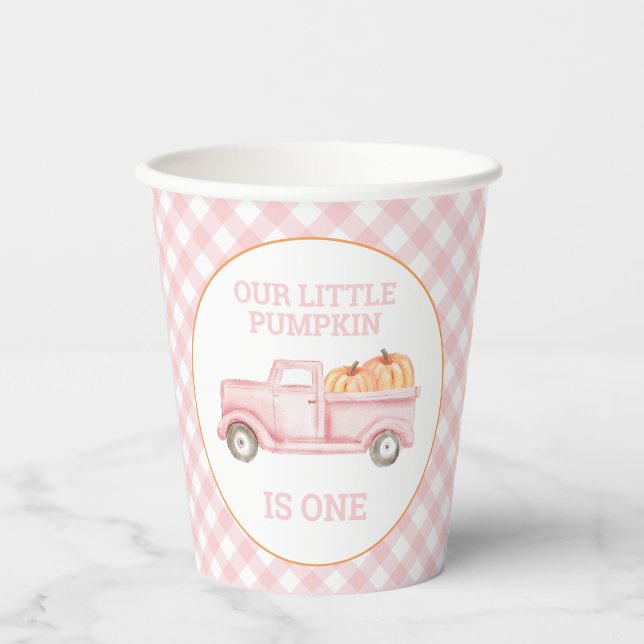 Our little Pumpkin Pink Truck 1st Birthday Paper Cups (Front)