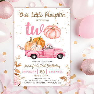 Our Little Pumpkin   Pink Truck Girl 2nd Birthday Invitation