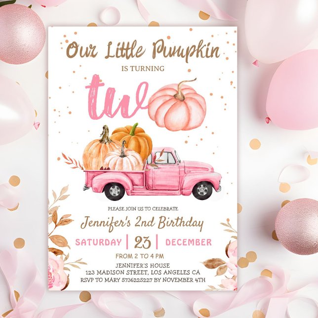 Our Little Pumpkin | Pink Truck Girl 2nd Birthday Invitation (Creator Uploaded)