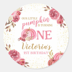 OUR LITTLE PUMPKIN PINK WATERCOLOR 1ST BIRTHDAY CLASSIC ROUND STICKER