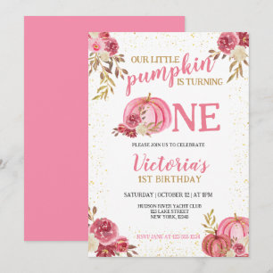 OUR LITTLE PUMPKIN PINK WATERCOLOR 1ST BIRTHDAY INVITATION