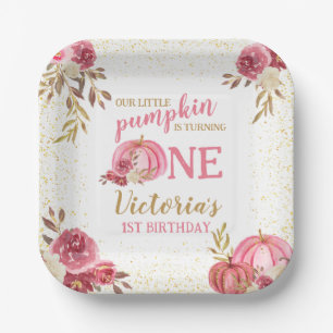 OUR LITTLE PUMPKIN PINK WATERCOLOR 1ST BIRTHDAY PAPER PLATE