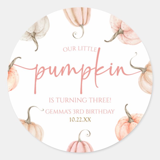 Our Little Pumpkin Pink White Fall Birthday Party Classic Round Sticker (Front)
