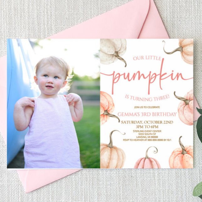 Our Little Pumpkin Pink White Fall Birthday Party Invitation (Creator Uploaded)