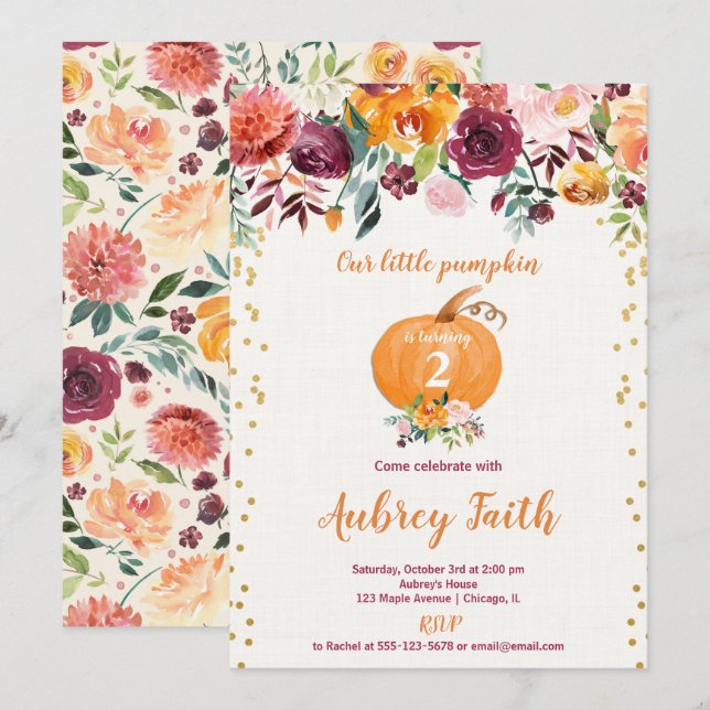 Our little pumpkin rustic burgundy floral birthday invitation (Front/Back)