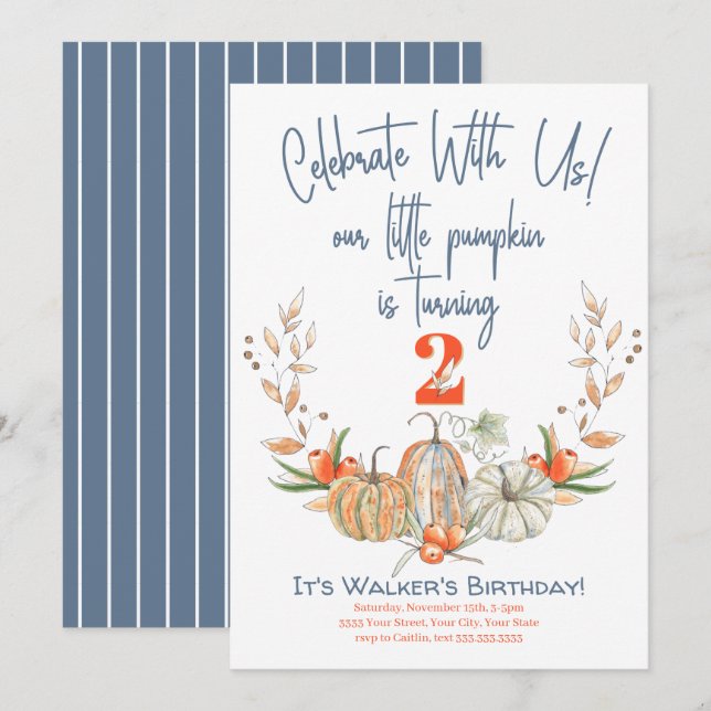 Our Little Pumpkin Second Birthday Blue Invitation (Front/Back)