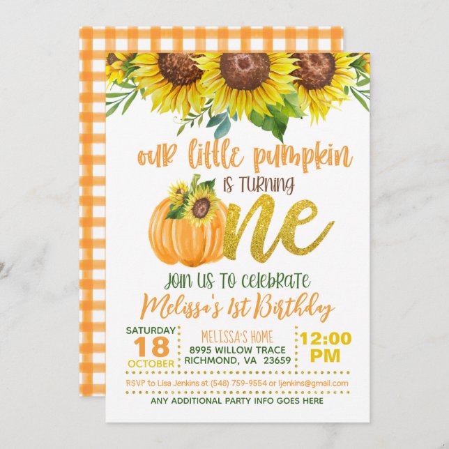 Our Little Pumpkin (Sunflower) is turning ONE  Invitation (Front/Back)