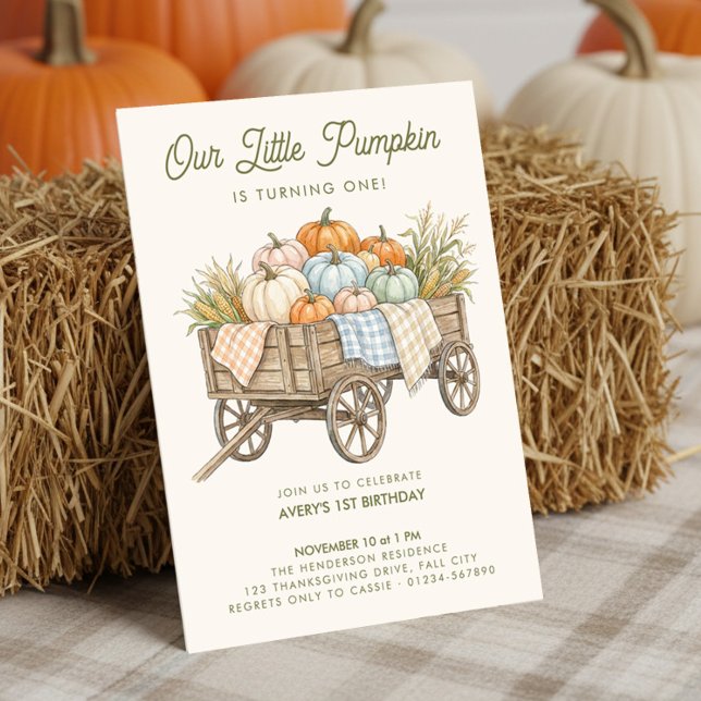 Our Little Pumpkin Turning One Fall First Birthday Invitation (Little Pumpkin Fall birthday invitation by Darling & May (order printed or digital))