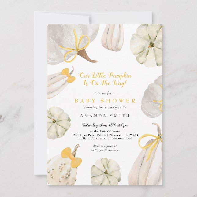 Our Little Pumpkin Yellow Bow Rustic Baby Shower Invitation (Front)