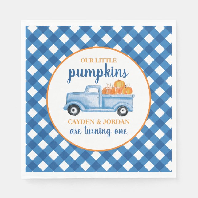 Our Little Pumpkins blue truck twin 1st birthday Napkin (Front)