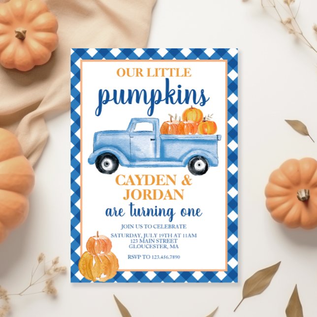 Our Little Pumpkins Twins Twin Blue truck Birthday Invitation (Creator Uploaded)