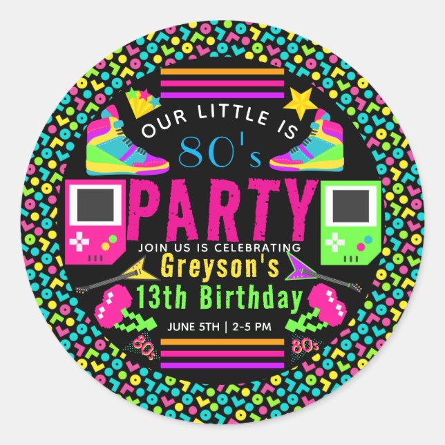 our little Retro Neon 80's 13th Birthday Party Classic Round Sticker (Front)