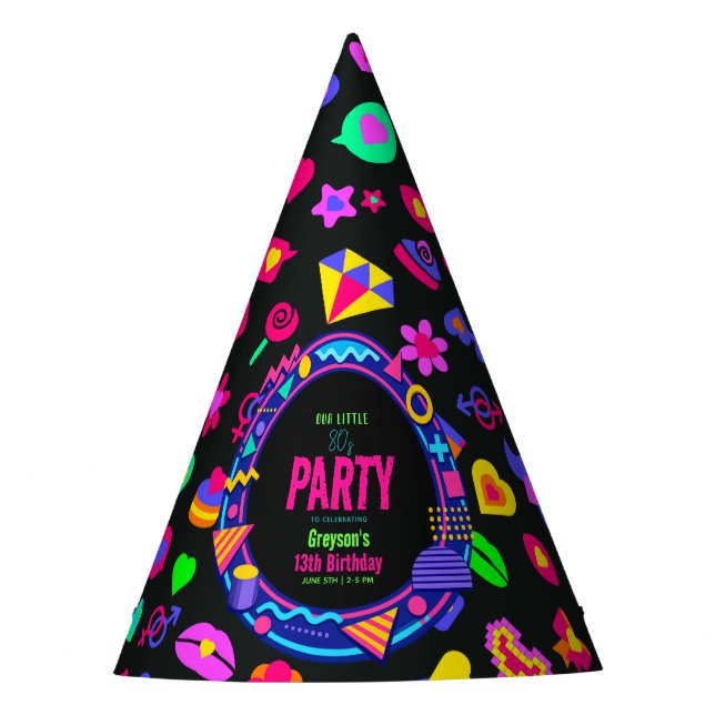 our little Retro Neon 80's Birthday child Party Hat (Front)