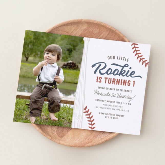 Our Little Rookie Baseball 1st Birthday Photo Invitation (Creator Uploaded)