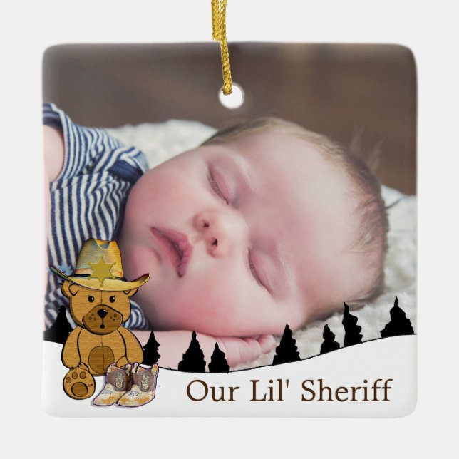Our Little Sheriff Teddy Bear Baby Photo Christmas Ceramic Ornament (Front)