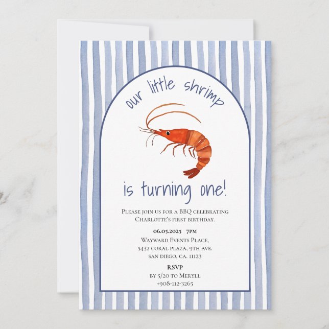 Our Little Shrimp is Turning One Watercolor Invitation (Front)