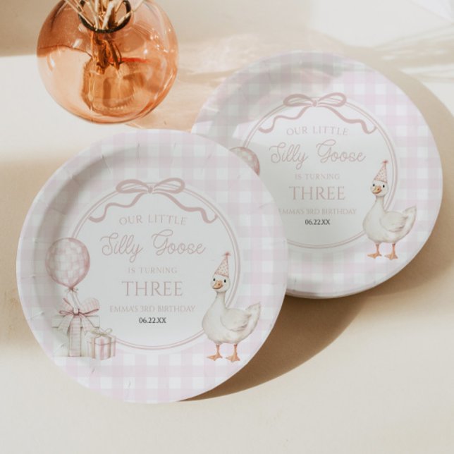 Our Little Silly Goose Pink Bow Birthday Party Paper Plate (Creator Uploaded)