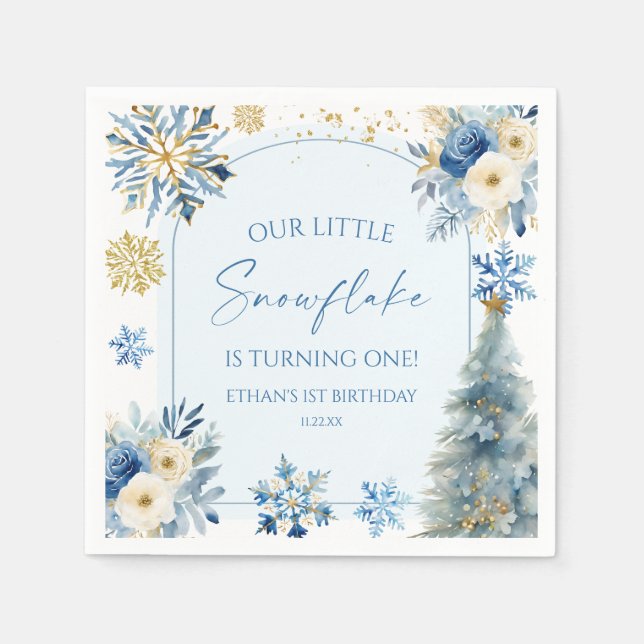 Our Little Snowflake Blue Winter Birthday Party Napkin (Front)