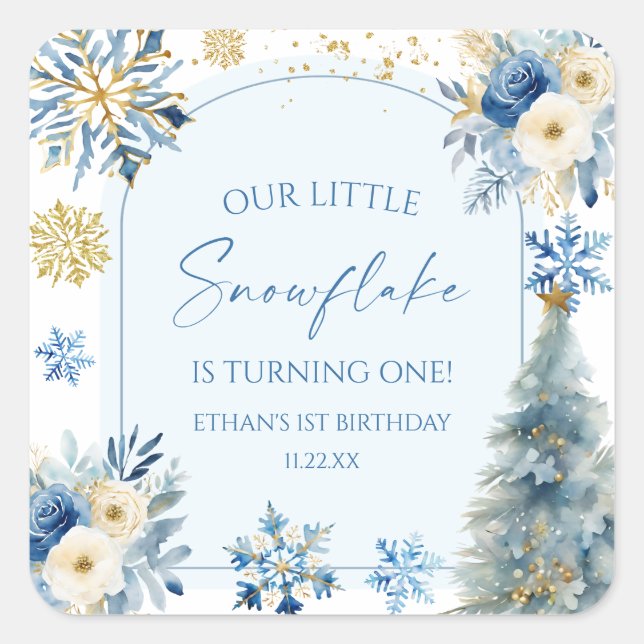 Our Little Snowflake Blue Winter Birthday Party Square Sticker (Front)