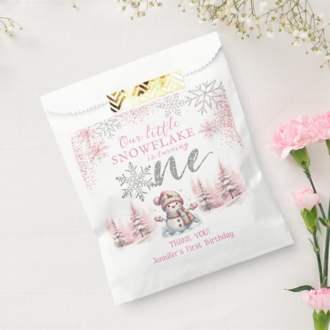 Our Little Snowflake Girl Pink Silver 1st Birthday Favour Bags (Sealed)