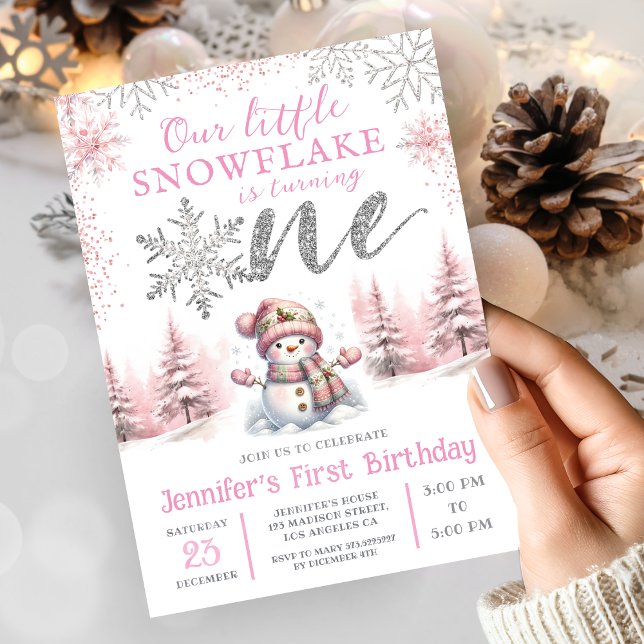 Our Little Snowflake Girl Pink Silver 1st Birthday Invitation (Creator Uploaded)
