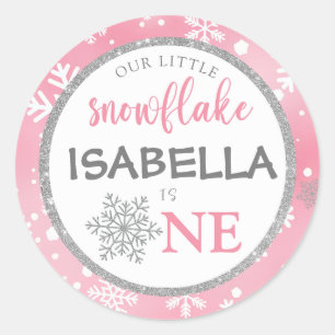 OUR LITTLE SNOWFLAKE PINK 1ST BIRTHDAY CLASSIC ROUND STICKER