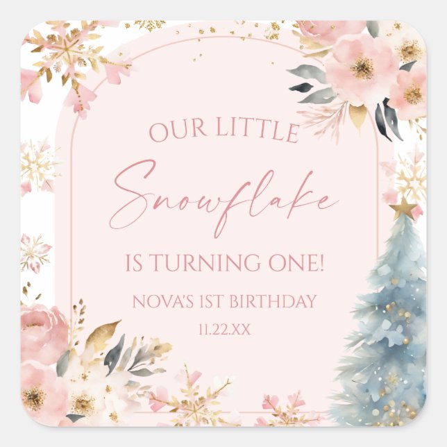 Our Little Snowflake Pink Winter Birthday Party Square Sticker (Front)