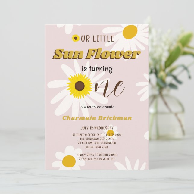 Our Little Sun Flower Pink 1st Birthday Photo Invitation (Standing Front)