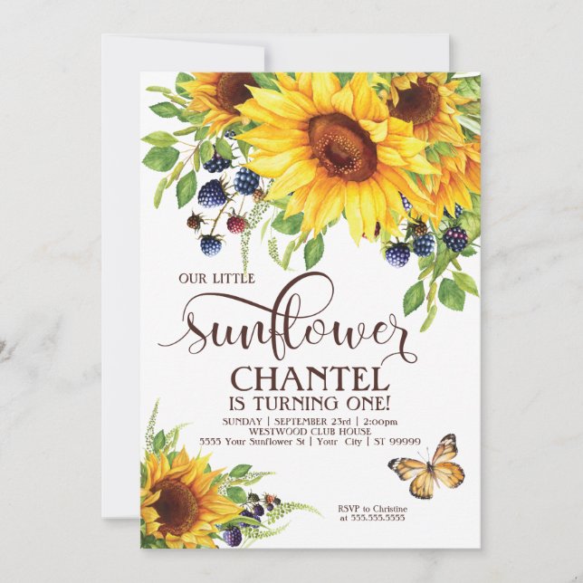 Our Little Sunflower Birthday Invitation Boho (Front)