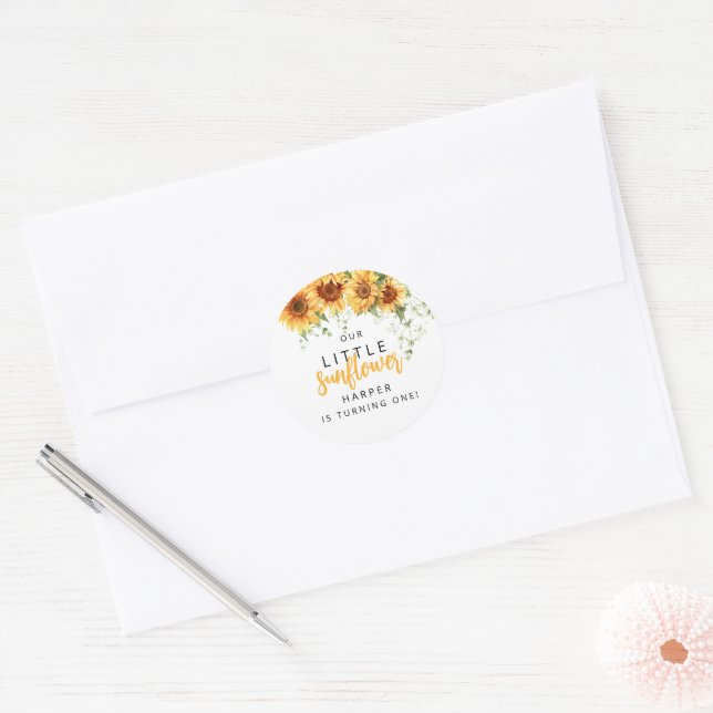 Our Little Sunflower Birthday Party Classic Round Sticker (Envelope)