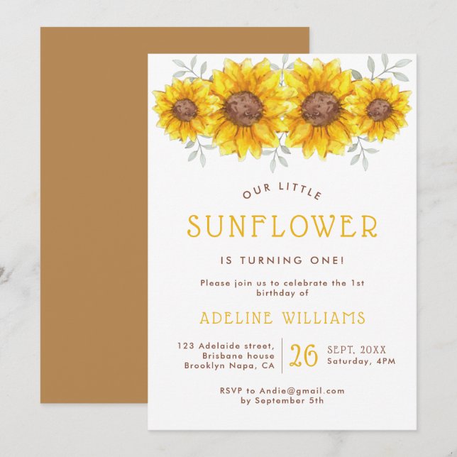 Our Little Sunflower is Turning One | 1st Birthday Invitation (Front/Back)