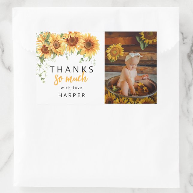 Our Little Sunflower Photo Birthday Thank You Rectangular Sticker (Bag)