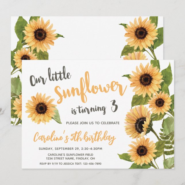 Our Little Sunflower, Watercolor Any Age Birthday Invitation (Front/Back)