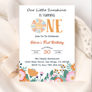  Our Little Sunshine 1st Birthday Boho Floral Invitation