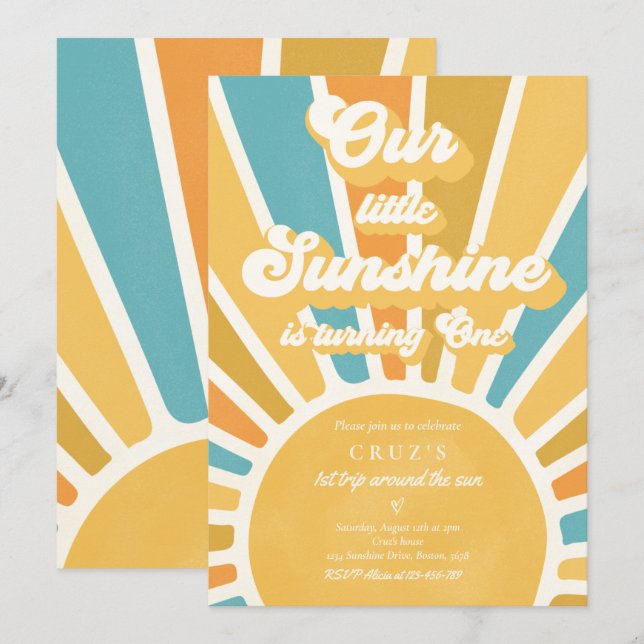 Our Little Sunshine 1st Birthday Party Retro Blue Invitation (Front/Back)