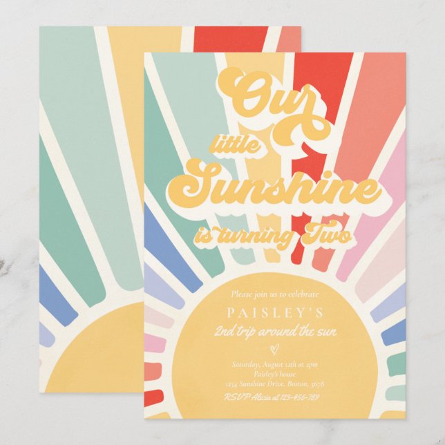 Our Little Sunshine 2nd Birthday Muted Rainbow Invitation (Front/Back)
