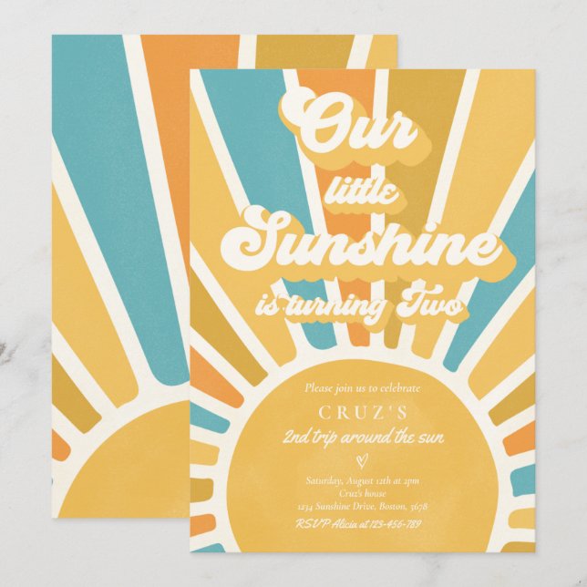 Our Little Sunshine 2nd Birthday Party Retro Blue Invitation (Front/Back)