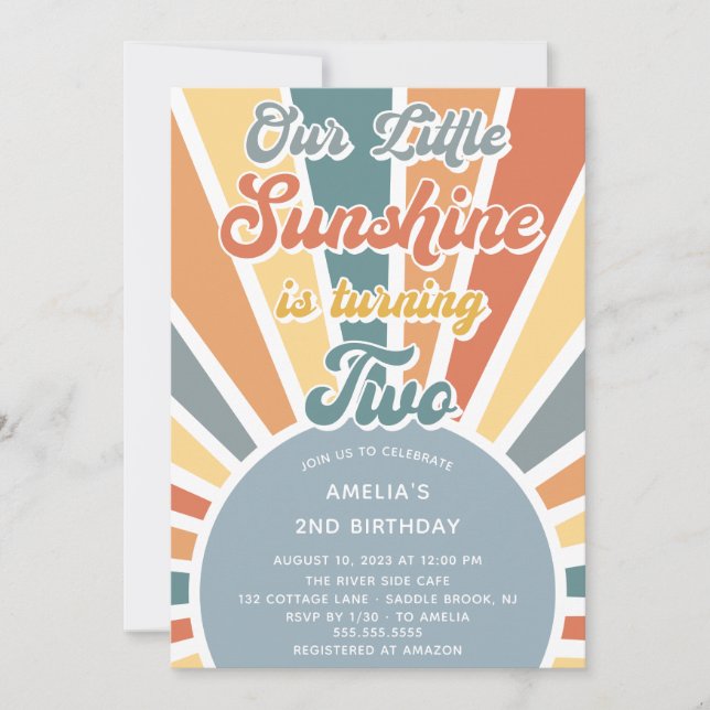 Our Little Sunshine 2nd Birthday Rainbow Party Invitation (Front)