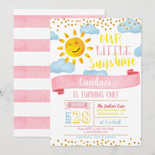 Our Little Sunshine Birthday Invitation - Girl (Front/Back)