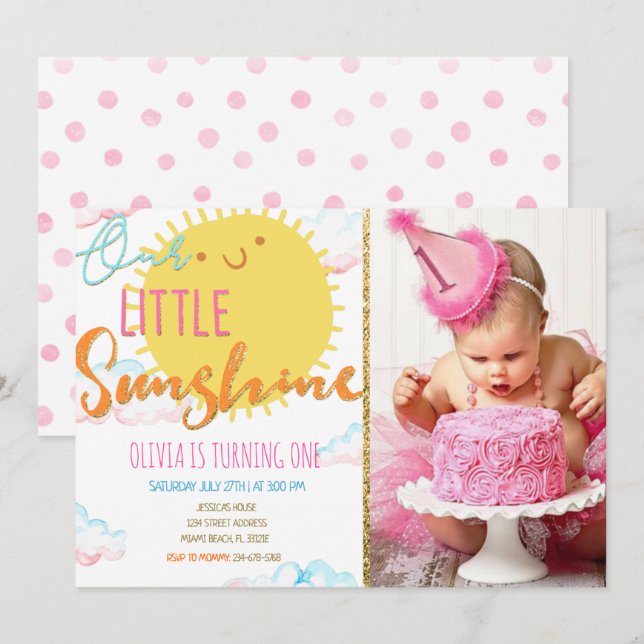 Our Little Sunshine Birthday Invitation With Photo (Front/Back)