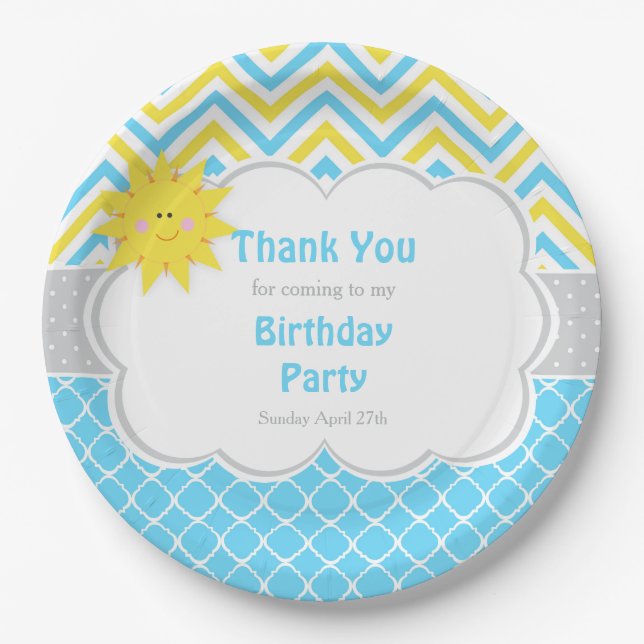 Our little Sunshine Blue and Yellow Birthday Party Paper Plate (Front)