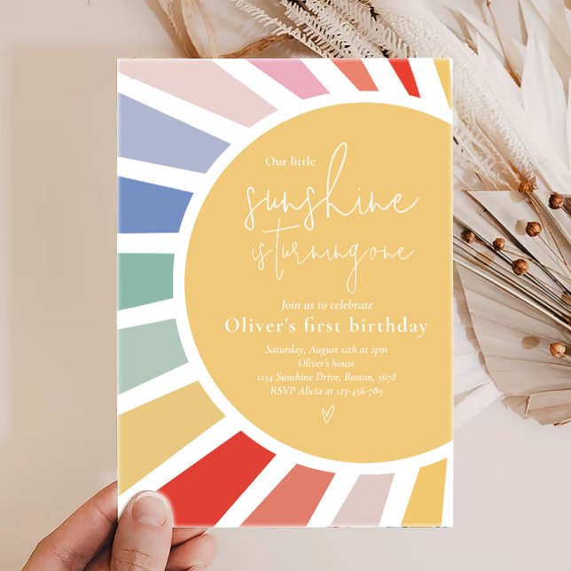 Our Little Sunshine Boho Rainbow 1st Birthday Invitation (Creator Uploaded)
